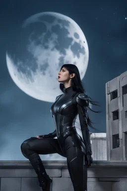 Fantasy Photo Of A Woman With Black Hair, Wearing A android-looking suit, standing sideways On A Ledge of a building, With A waning moon Behind Her Head