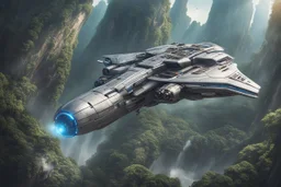 spaceship flying low over a jungle city