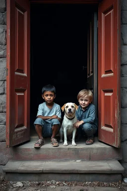 A black one years old boy and a white two years old boy , petting a small dog , sitting on the door steps of the an old paints cracked dirty abandoned house door , behind the open door there is a dark room with old furniture insanely detailed octane render trending on artstation, 8k artistic photography, photorealistic concept art, soft natural volumetric cinematic perfect light, chiaroscuro, award-winning photograph, masterpieces, oil on canvas, Raphael, Caravaggio, Greg Rutkowski, people, beks