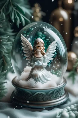 a beautiful, happy angel in a glass ball with Christmas decor