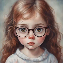 Little girl , in the style of Margaret Keane, long hair, ,very huge damp eyes, large square glasses, close up, very long eyelashes, freckles, red nose