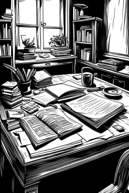 desk black and white book illustration