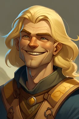 dnd character portrait of a laid back adventurer with golden hair and wide smirk