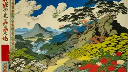 An illustration by Kuniyoshi and Dali of a landscape of blooming flowers and lush vegetation.