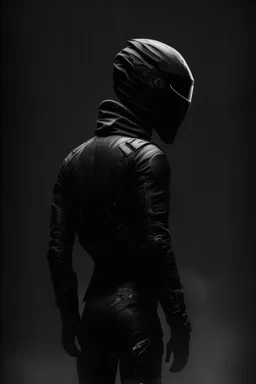 Background is dark grey, almost black. There is a head and torso silhouette looming in the picture, completely masked by a black motorcycle suit.