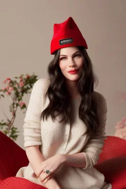 Liv Tyler is wearing a red hat, a flowery hat, and she's sitting in her own bed, in her own room.