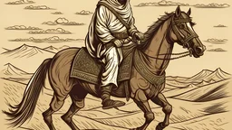 An Arab man riding a horse and holding a sword while walking in the desert, more accurate and more detailed, his face must be visible