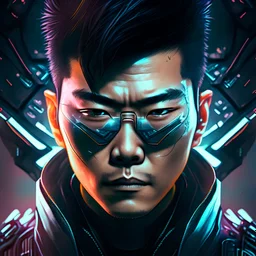 face of an asian man cyberpunk space ship secret agent