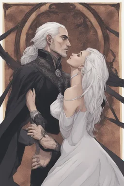 Strahd Von Zarovich being kissed on the neck by a beautiful woman with white hair, wearing an off the shoulder dress. Settling and background are a lavish toomb with an ebony coffin.