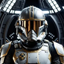 star wars bald male corellian pilot wearing gunmetal grey and black First Order special forces TIE pilot armored flightsuit and helmet with gold trim inside the jedi temple, centered head and shoulders portrait, hyperdetailed, dynamic lighting, hyperdetailed background, 8k resolution, volumetric lighting, light skin, fully symmetric details