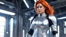 Laureline, the fiery-haired heroine known for her muscular frame and ample bosom, strides confidently in her skin-tight silver spacesuit that hugs every curve of her body. The reflective material of her suit catches the ambient light, giving her an ethereal glow as she moves with purpose through the enigmatic surroundings. The rectangular warehouse itself is a study in strangeness, filled with alien materials and starships to ripple and shift as if alive.