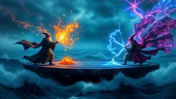 A magical duel between two wizards in a floating arena above a stormy sea, with colorful, electrifying spells lighting up the sky as waves crash far below. Photographic quality and detail, award-winning image, beautiful composition.