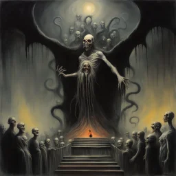 evil undead peaching preacher at intimidating pulpit, by Michael Whelan and Stephen Gammell, horror art, alcohol oil painting, expansive, dark colors, vivid Lovecraftian preacher juxtaposed against an enveloping black tentacle rich nightmare, palpable textures, distressing hues, Whelan's distinctive visceral style, rich sharp color, modern horror