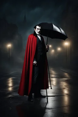 Dracula with long black cane in a rainy night looking at the city