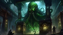 Please generate an LEGENDARY image with CTHULU stepping through a portal in a Cyberpunk cloud city.