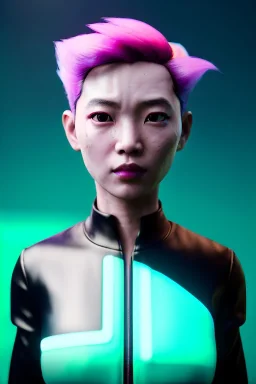 Waist up shot portrait, Asian cyborg woman :: symmetry photography, cyberpunk, pink hair, makeup, long line eye, light iris, :: latex coat, wires and circuits, pink, white, black :: cinematic, Ultra realistic, dark scene, soft color, highly detailed, unreal engine 5, RTX, ultra detail, 3d, finely drawn, high definition.