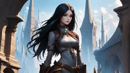 Exotic sci-fi steampunk skinny girl, with long dark hair, in an alien city, tall spires, buildings, bridges, and arches