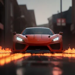 photo of a ultra realistic,set in fire hyper car, cinematic lighting, battered, low angle, trending on artstation, 4k, hyper realistic, focused, extreme details, unreal engine 5, cinematic, masterpiece