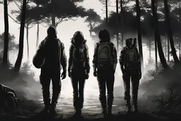 four persons, standing, silhouette, comic book,post-apocalypse, backpack, pickup truck, forest, night time,