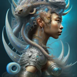 Sango fantasy, fantasy magic, intricate, sharp focus, illustration, highly detailed, digital painting, concept art, matte, art germ and Paul Lewin and Kehinde Wiley, masterpiece Indonesian lady head bronze lionfish Asian African girl nice breast Thai hair turquoise silver blue waves