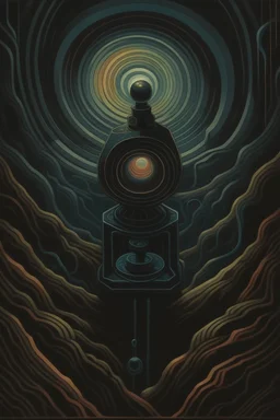 1970's dark fantasy cover dnd style oil painting of a microscope image with minimalist far perspective in an abstract pattern background.