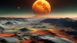 Landscape photograph on the surface of Io (moon of Jupiter), very tall mountains, volcanoes, pits, vents and lava flows, extensive smooth plains with a frosty coating in subtle shades of yellow, red, white, black, and green, Jupiter in the sky, exquisite composition, beautiful detailed intricate insanely detailed octane render, 16k artistic photography, photorealistic concept art, soft natural volumetric cinematic perfect light, chiaroscuro, award-winning photograph, masterpiece