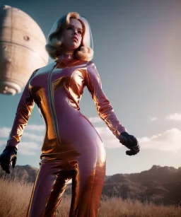 Ultra Realistic retro sci-fi image from 1960, spaceship, sweet young Jane Fonda woman, dress with tight latex suit, Retro sci-fi weapon, soft color, highly detailed, unreal engine 5, ray tracing, RTX, lumen lighting, ultra detail, volumetric lighting, 3d, finely drawn, high definition, high resolution.