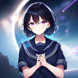 Clear focus,High resolution, Black short fluffy hair, and purple eyes, wearing a sailor uniform, must wear a short skirt,mad pose, in space, magical