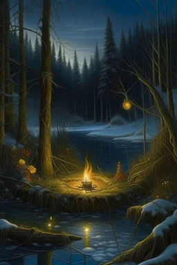 Hyperrealism against the background of a winter landscape in a forest with a bonfire +mirror portal with a whirlpool of water + +rite+candles+dried flowers+wildflowers+moss++flower decoupage+embroidery technique+braided beads+vine+moonlit night,fabulous landscape,surrealism,realism,naturalism,dot technique,microdetalization,high detail objects,digital illustration,volumetric clarity,dark fantasy,dark botanical