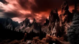 mountains, a gloomy rocky landscape, cypresses stretching up in the foreground, rocks and a bloody sky in the background