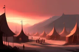 painting, landscape, artistic, illustration, artstation, black desert, black sand, bleak, pale red sky, large bustling camp, tall iron tower standing in the middletigtly packed leather tents, vereshagin style