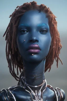 portrait,beautiful african robotic sirene, post-apocalyptic in a cyberpunk city, realistic, intriacte detail, sci-fi fantasy style, volumetric lighting, particales,highly detailed,cinematic, deep blue.