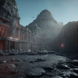  4k, 8k, unreal engine, highly detailed, cinematic, photorealistic, alien landscape, ancient alien ruins with symbols, ice, volumetric lighting