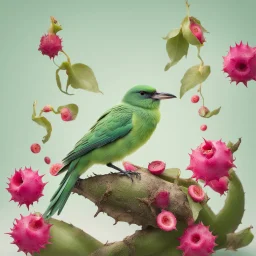 A small bird in light green sitting on several small dragon fruits all on a light background for removal