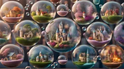 A stunning 3D render of miniature worlds, captured in floating transparent bubbles. Each bubble showcases a unique scene, such as quaint villages, mystic, gardens, tropical island, enchanting castles, alien palnet, or whimsical fairy-tale landscapes. The miniature towns with featuring quaint houses, markets, and charming residents. In the gardens colorful delicate flowers and lush greenery. The castles are majestic and grand, with towers, big gates. Unusual and captivating plants coexist with ma