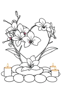 outline art for visually rich appealing heart ikebana orchids plumeria spa rounded stones around candles, coloring page for kids, white background, fit to page, only use outline, clean line art, no shadows, clear and well outlined