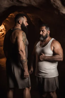 full figure shot photography of two chubby stocky arabs prisoners embraced close, 43 years old in white boxer and dirty tank top, short hair, beard, hairy, sweat, tattoo, in a dark cave, ugly, bullneck, muscular, manly chest, manly arms, emotive eyes, photorealistic, ultradetailed, 32k, ambient occlusion, lit by bonfire, misery and poverty, side view from below