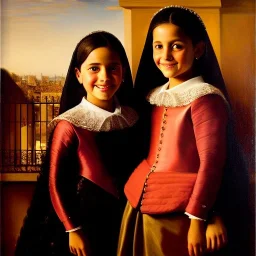 portrait of sisters Eira Santiago Arnau 10 year old and Dalia Santiago Arnau 6 year old by Velazquez,smiling, oil on canvas, cinematic composition, extreme detail,8k,fit full head inside picture,