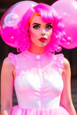 A pretty girl with a clear face, pink hair, wearing a white and pink bubble dress