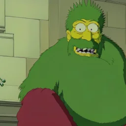 evil retired green man who is retired and green who is sitting on the simpsons couch has a large nose and is holding a duff beer in feet