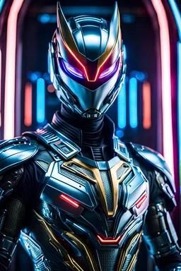 Ultra-detailed benevolent cyborg kamen Rider in a spaceship, with anthropomorphic cybernetic elements on metal armor, neon lights reflections, reflection mapping, intricate design and details, dramatic lighting, Cinematic lighting, Volumetric lighting, Epic composition, Photorealism, Bokeh blur, Very high detail, Sony Alpha α7iv, ISO1900, Character design, Unreal Engine, Octane render, HDR, Subsurface scattering, by addie digi