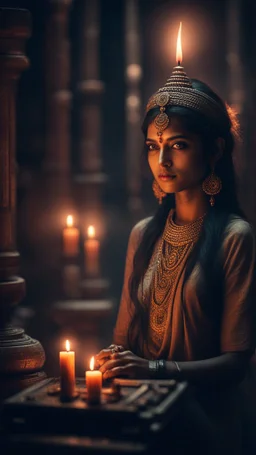 Shi Fi, a beautiful Indian ,in the temple carting a candle, atmospheric lighting effects, intricate industrial details, moody atmosphere, eerie grimdark ambiance, complex motherboard accents, speculative fiction art. Bokeh