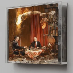 Putin, President Xi Of China And Joe Biden Play Chess With Atomic Bomb Mushroom Cloud,Complex Surgical Instruments Intermixed With A Newborn Boy,Minimalism,Painting By Adrian Ghenie,Rene Magritte,Pablo Picasso,Michelangelo,Salvador Dali,Lucian Freud