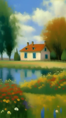 Una casa con techo a dos aguas en el medio del campo lleno de flores con dos arboles grandes junto a un lago, pinada con impresionismo como Seurat