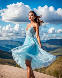 full-body closeup shot of a young, beautiful girl with a perfect face and makeup,wearing pretty dance dress standing in a stage in open air nice hills , blue sky ,pretty clouds at distant