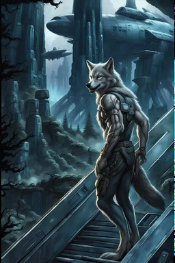 front an anthropomorphic wolf-man standing on spaceship's ramp on alien land and looking at the camera, around big white-blue fog and the spaceship's ruins . His gaze is directed towards the rain-soaked landscape, which is filled with towering trees with massive trunks. In background back him the spaceship and big fog. The atmosphere is a seamless blend of sci-fi and dark fantasy mood