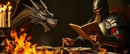 close up portrait painted by Rembrandt, dragon in chains and knights armor holding speech at burning dinner table