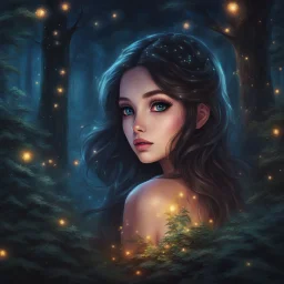 Painting of a beautiful girl, beautiful, haunted forest, pretty face, young girl, fantasy art, anime portrait, barbie face, big eyes, bright eyes, dream, trees, forest, dark night, song, glitters background, fantasy, high quality, 8k