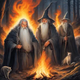 The flickering flames of the campfire danced, casting an ethereal glow upon the faces of the three wizards. Radagast, with his unkempt hair and a menagerie of animals, shared a hearty chuckle with Saruman, the wise and cunning Istari. And there, in the midst of it all, stood Gandalf, the Grey, a twinkle in his eyes as he joined in the mirth. Their laughter echoed through the night, a rare moment of camaraderie amidst the chaos of their journeys. For in their shared purpose to protect Middle-eart