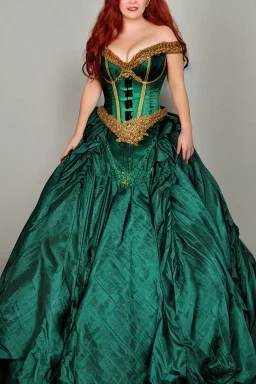 Busty princess with long auburn hair green eyes wearing a big dark teal green and gold satin ballgown corset off shoulder top at night